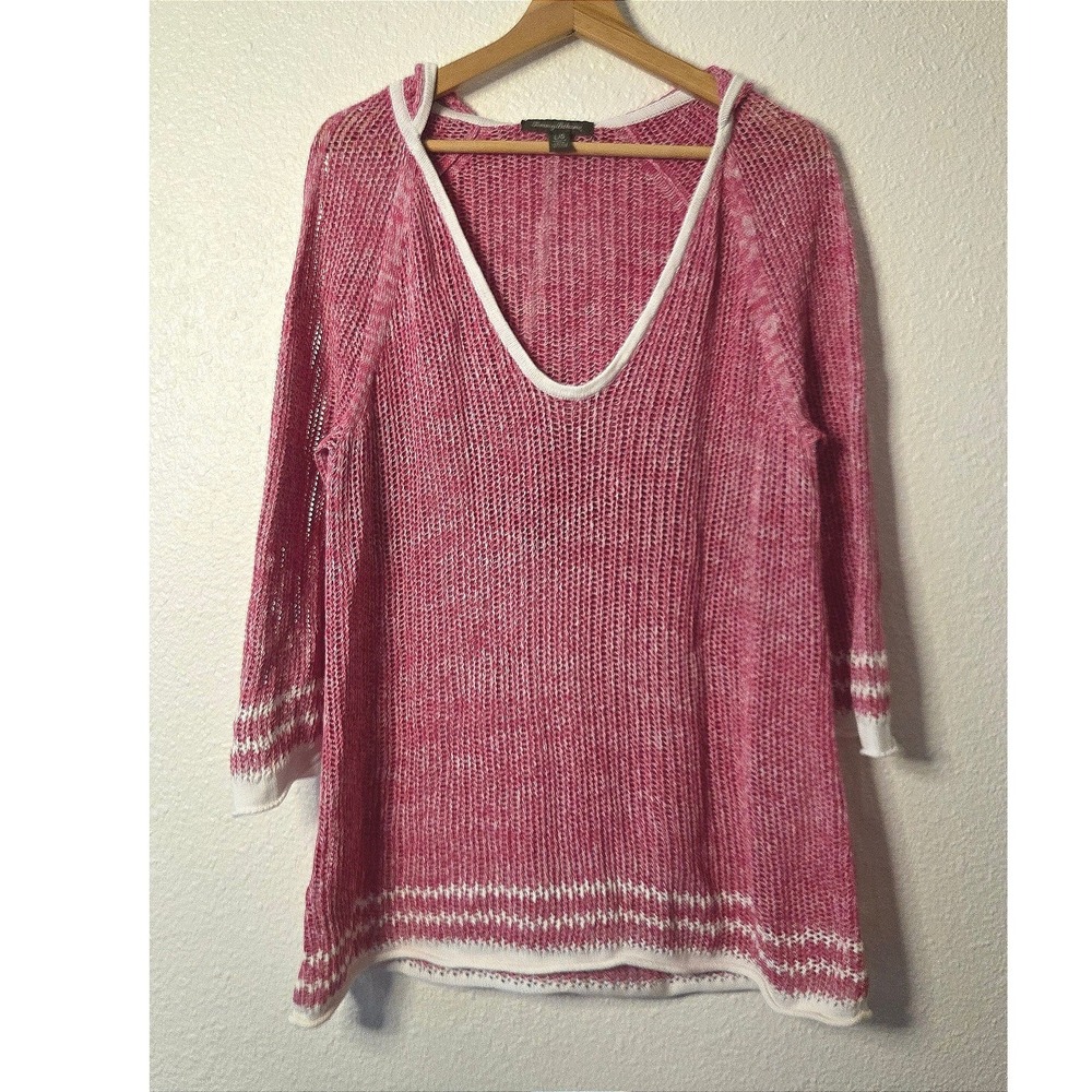 Tommy Bahama Pink Open Knit Hooded Linen Blend Sweater Beachy Coastal Boho Lrg - Picture 1 of 4